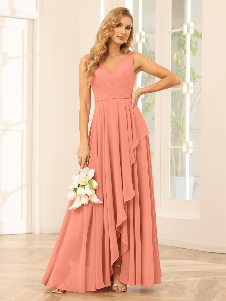 A-Line/Princess V-Neck Asymmetrical Bridesmaid Dresses with Ruffles Salmon