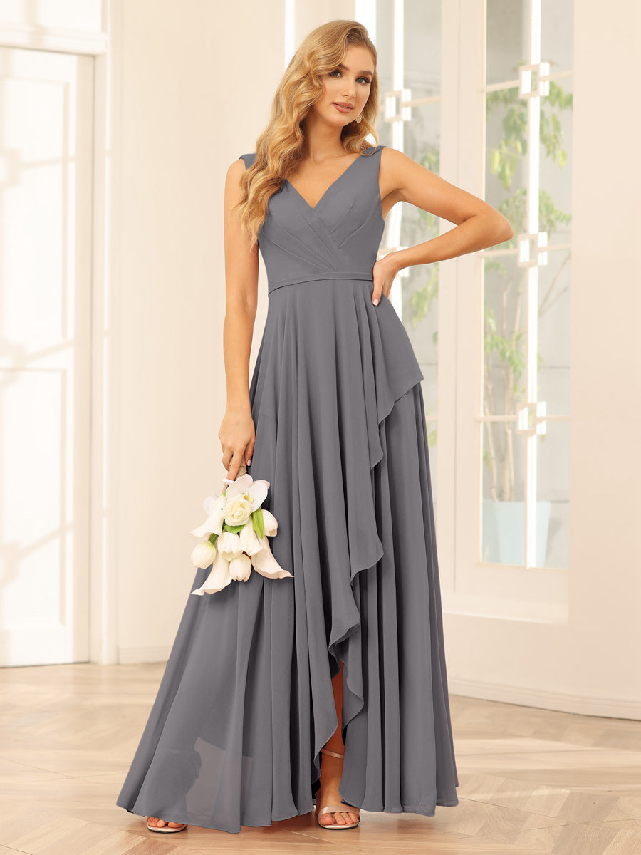 A-Line/Princess V-Neck Asymmetrical Bridesmaid Dresses with Ruffles Silver Gray