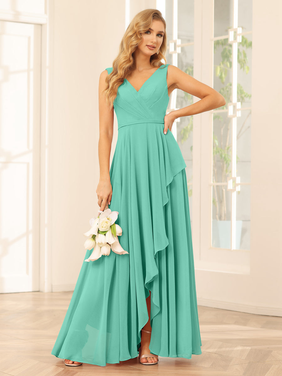 A-Line/Princess V-Neck Asymmetrical Bridesmaid Dresses with Ruffles Spa