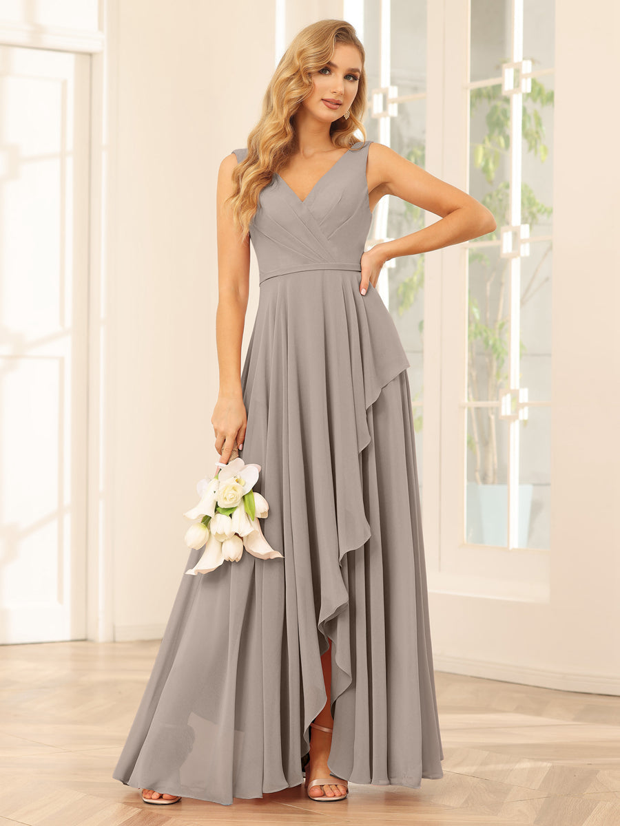 A-Line/Princess V-Neck Asymmetrical Bridesmaid Dresses with Ruffles Taupe