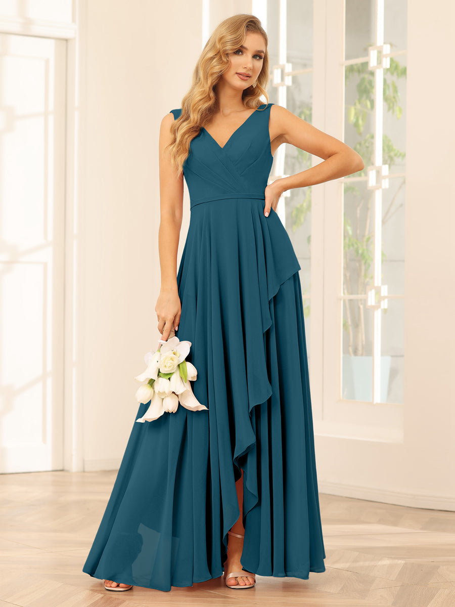 A-Line/Princess V-Neck Asymmetrical Bridesmaid Dresses with Ruffles Teal