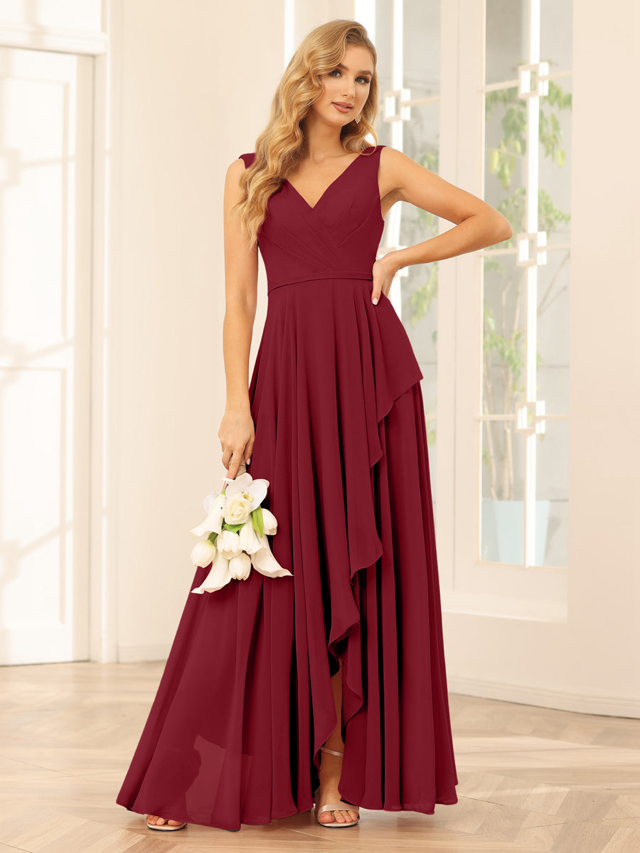 A-Line/Princess V-Neck Asymmetrical Bridesmaid Dresses with Ruffles Wine Red