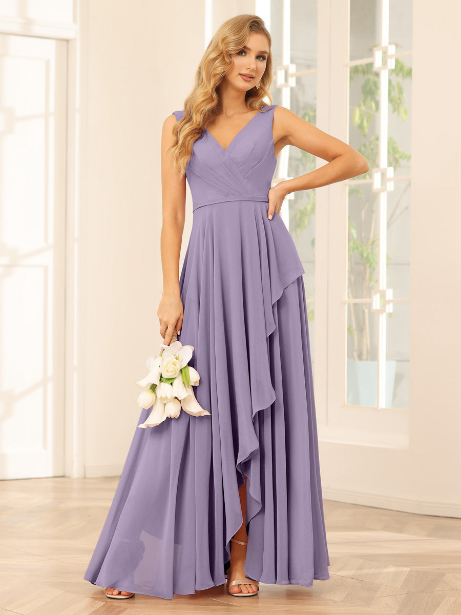 A-Line/Princess V-Neck Asymmetrical Bridesmaid Dresses with Ruffles Wisteria
