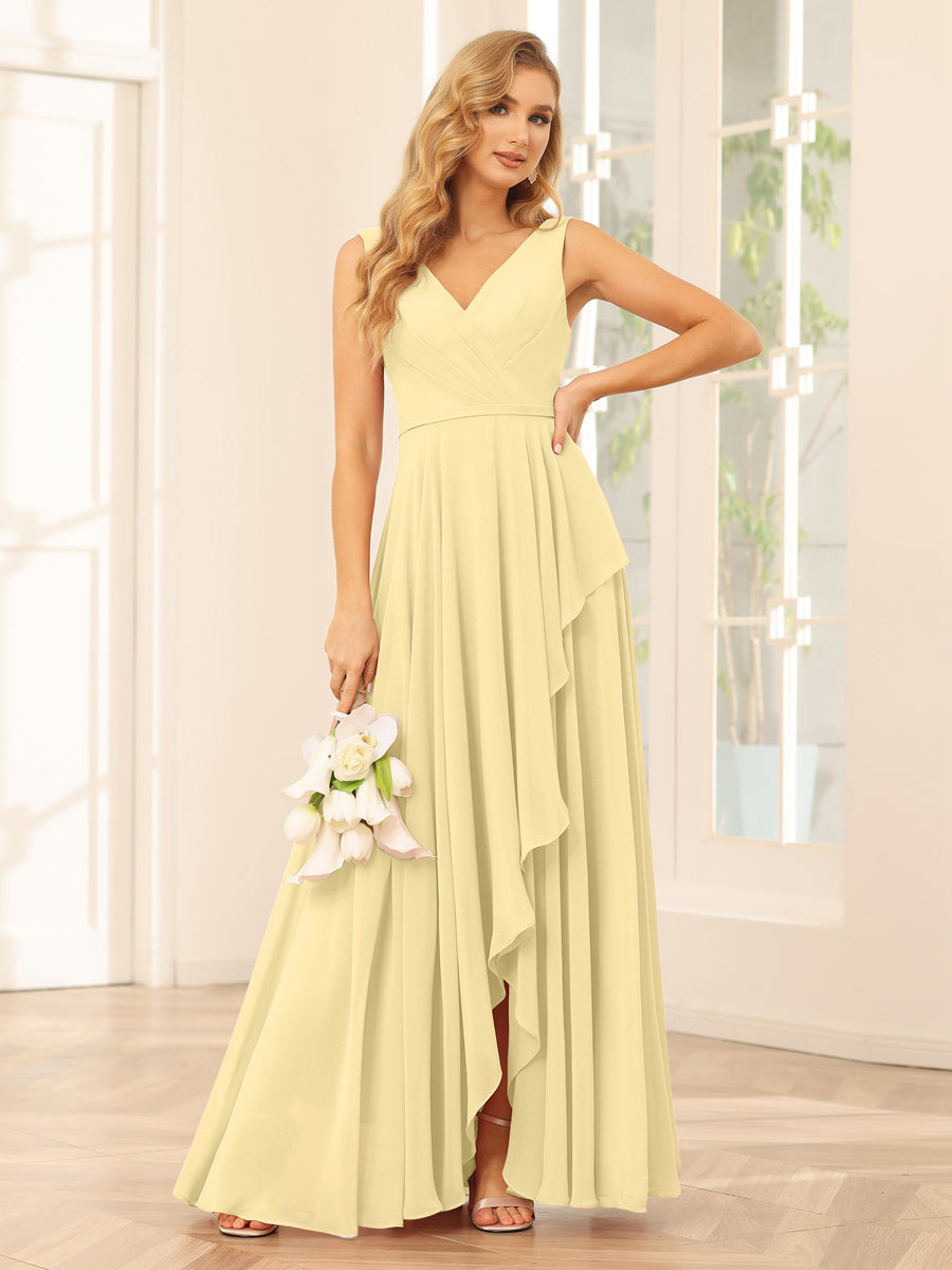 A-Line/Princess V-Neck Asymmetrical Bridesmaid Dresses with Ruffles Yellow