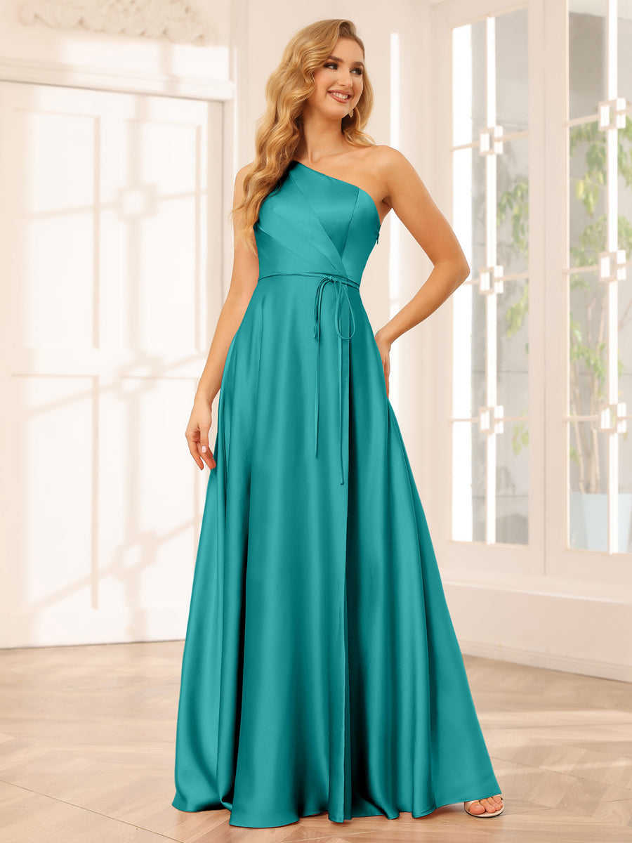 A-Line/Princess One-Shoulder Long Bridesmaid Dresses with Split Side & Sash Aqua Blue