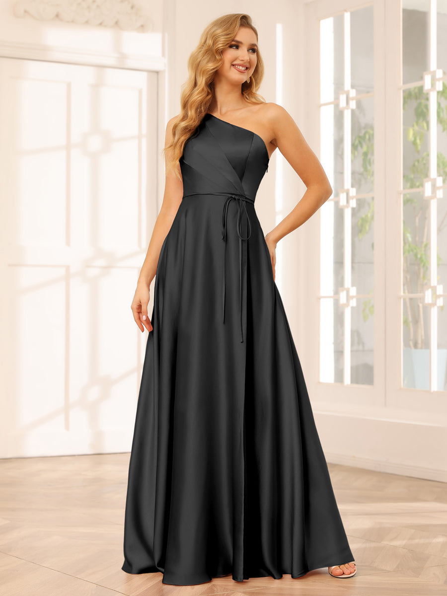 A-Line/Princess One-Shoulder Long Bridesmaid Dresses with Split Side & Sash Black