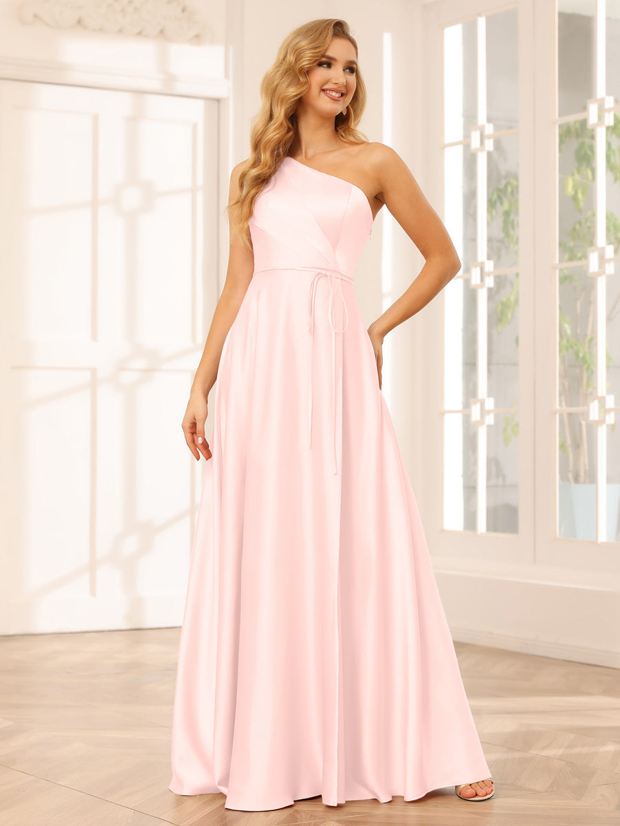 A-Line/Princess One-Shoulder Long Bridesmaid Dresses with Split Side & Sash Blush Pink