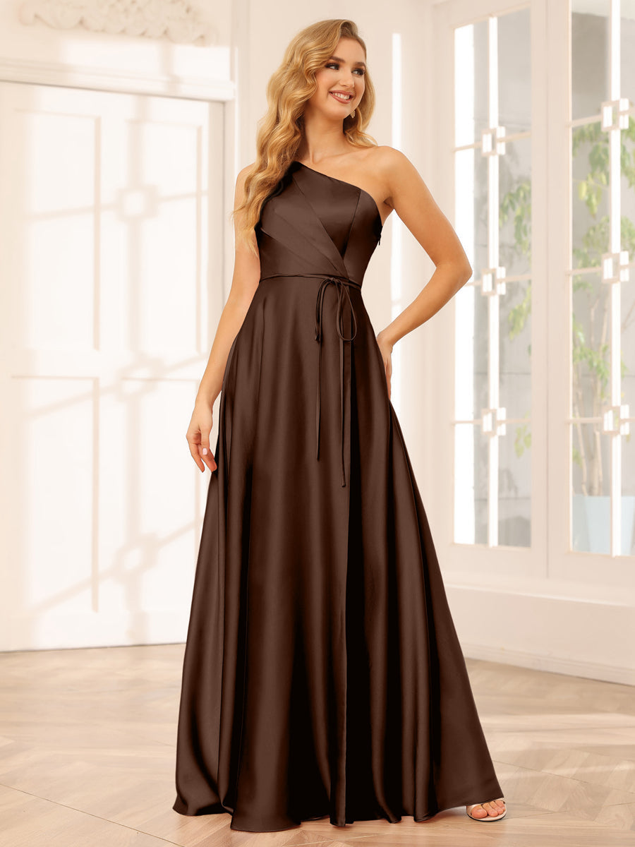 A-Line/Princess One-Shoulder Long Bridesmaid Dresses with Split Side & Sash Brown