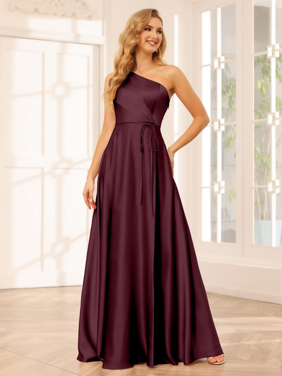A-Line/Princess One-Shoulder Long Bridesmaid Dresses with Split Side & Sash Burgundy