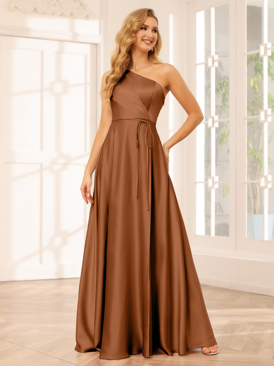 A-Line/Princess One-Shoulder Long Bridesmaid Dresses with Split Side & Sash Burnt Orange