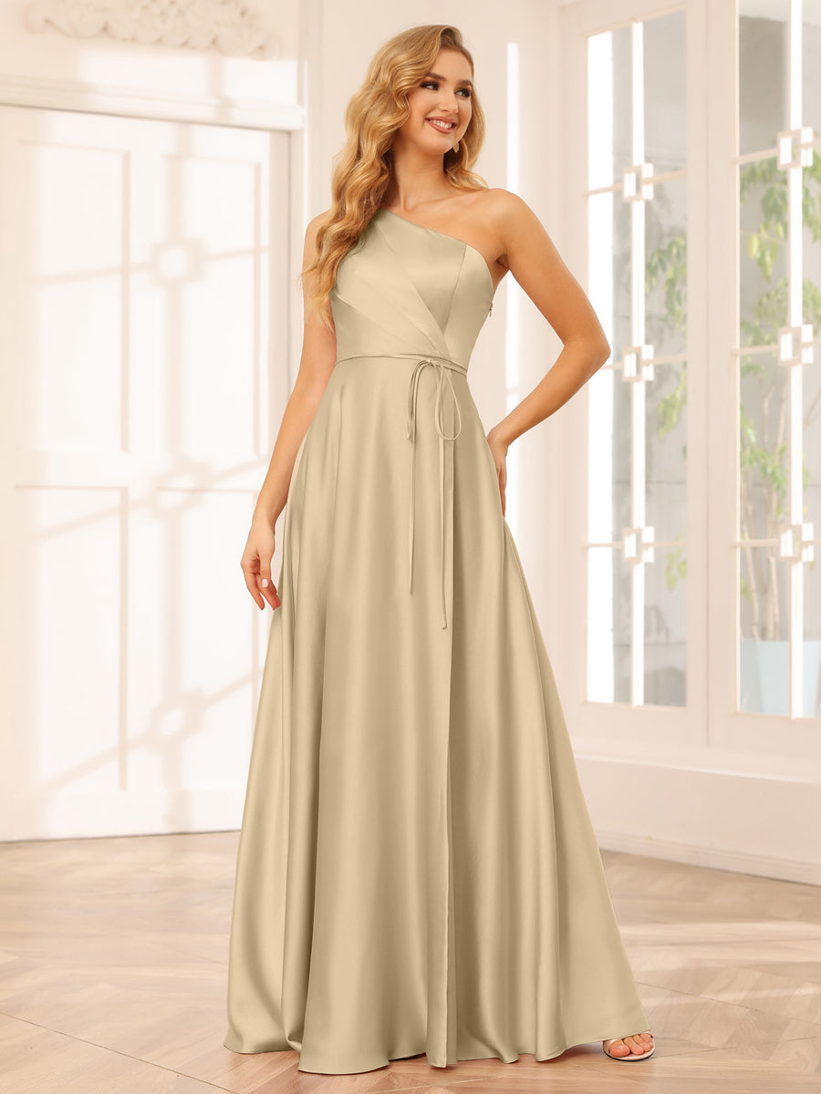 A-Line/Princess One-Shoulder Long Bridesmaid Dresses with Split Side & Sash Champagne