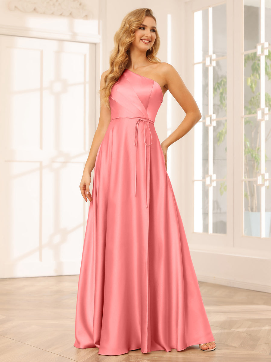 A-Line/Princess One-Shoulder Long Bridesmaid Dresses with Split Side & Sash Coral