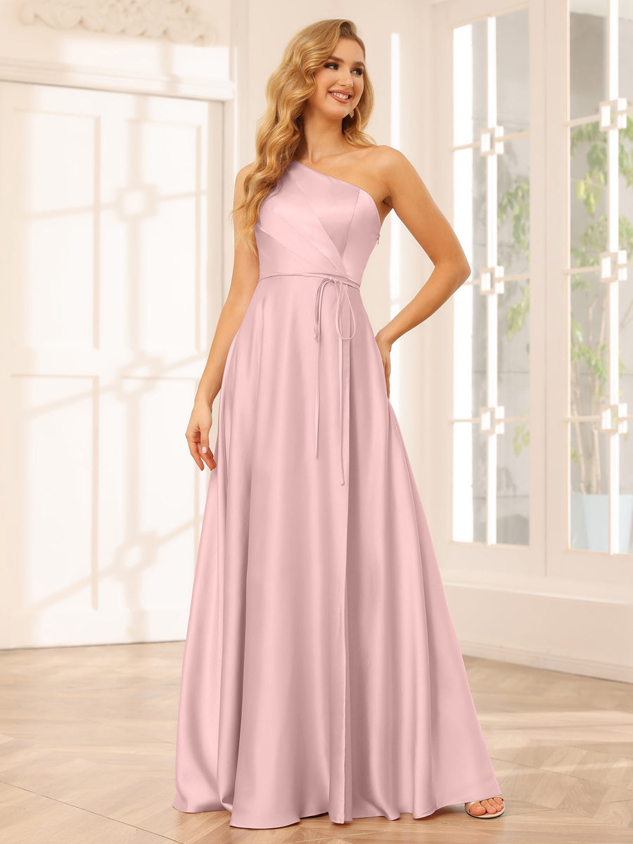A-Line/Princess One-Shoulder Long Bridesmaid Dresses with Split Side & Sash Dusty Pink