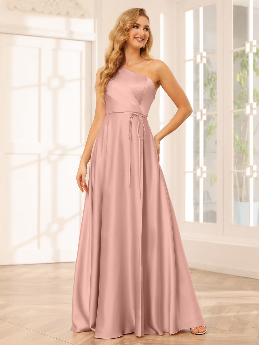 A-Line/Princess One-Shoulder Long Bridesmaid Dresses with Split Side & Sash Dusty Rose