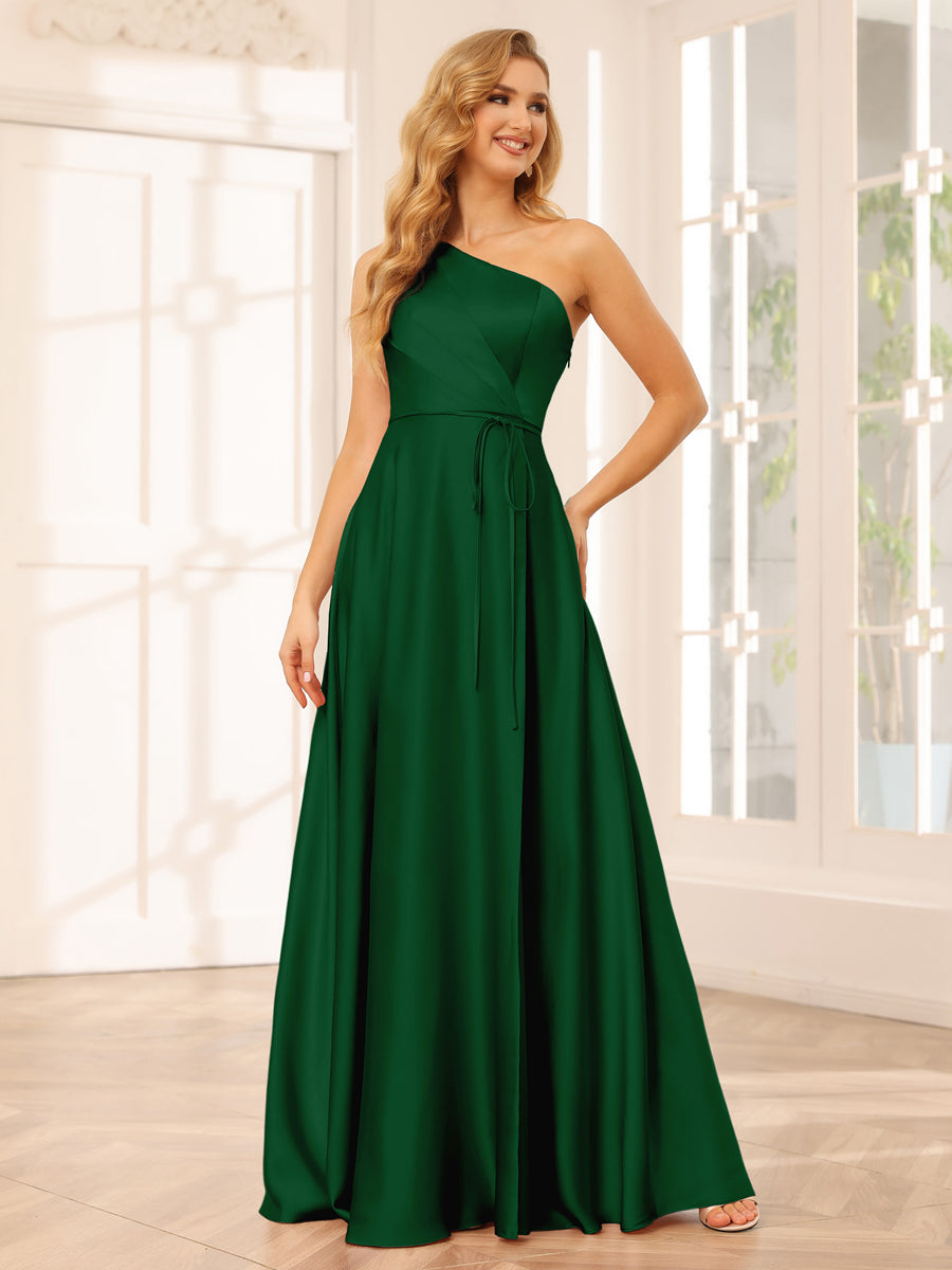 A-Line/Princess One-Shoulder Long Bridesmaid Dresses with Split Side & Sash Emerald