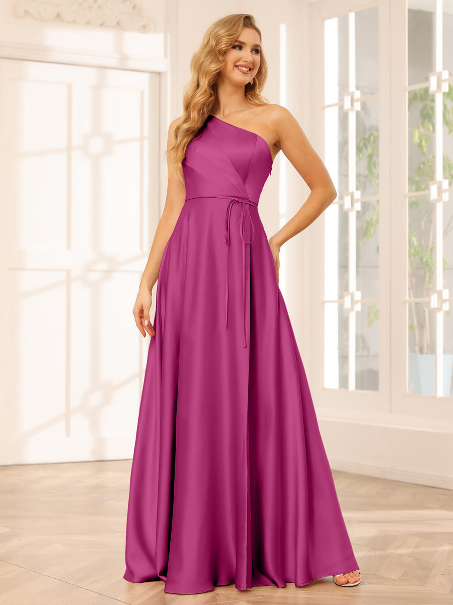 A-Line/Princess One-Shoulder Long Bridesmaid Dresses with Split Side & Sash Fuchsia