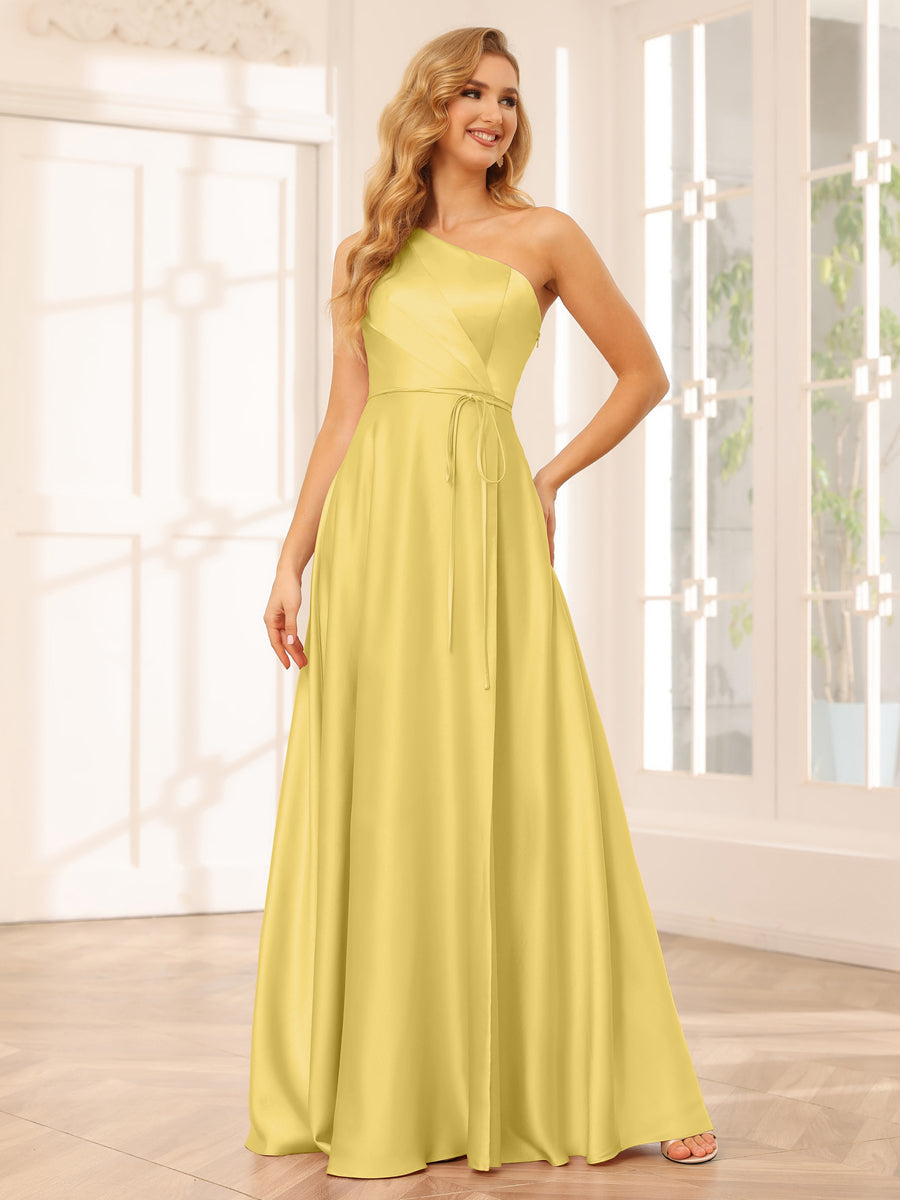 A-Line/Princess One-Shoulder Long Bridesmaid Dresses with Split Side & Sash Gold