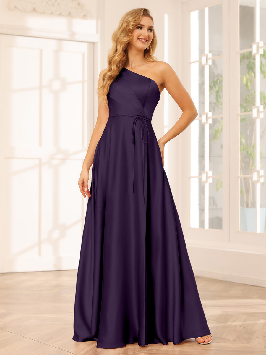 A-Line/Princess One-Shoulder Long Bridesmaid Dresses with Split Side & Sash Grape