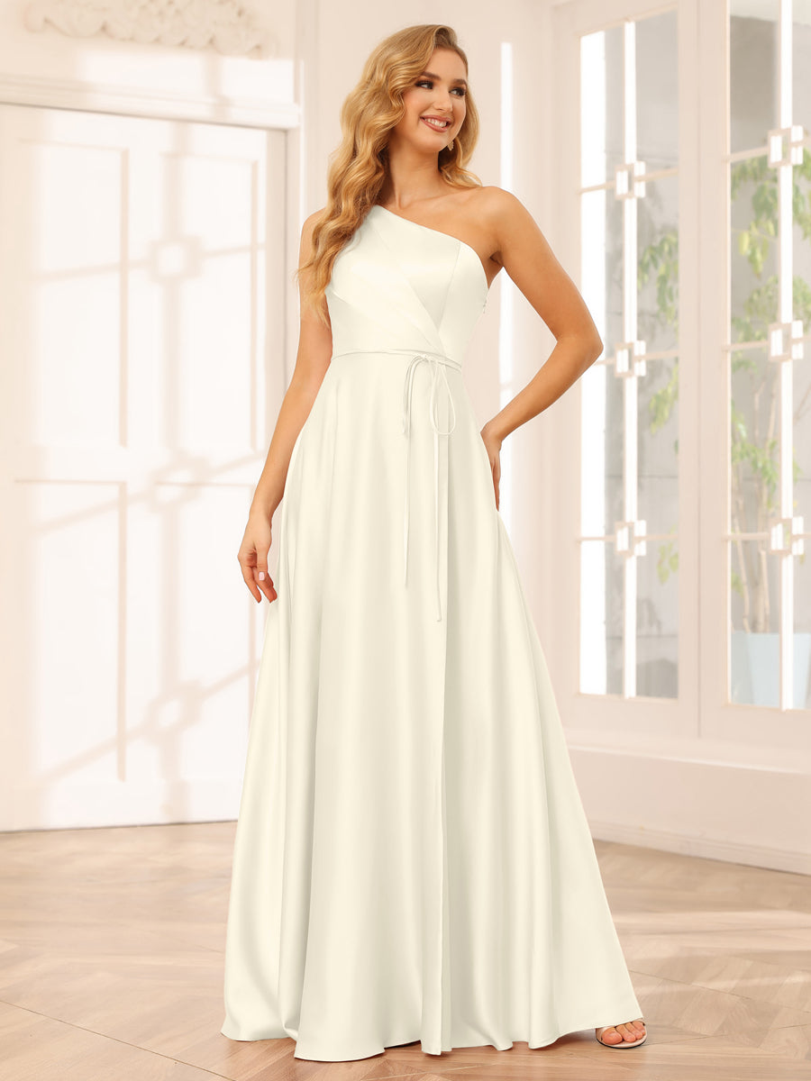 A-Line/Princess One-Shoulder Long Bridesmaid Dresses with Split Side & Sash Ivory