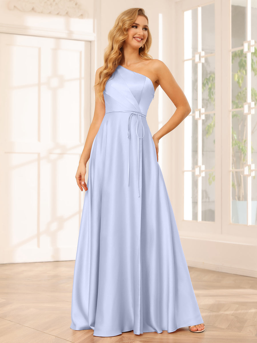 A-Line/Princess One-Shoulder Long Bridesmaid Dresses with Split Side & Sash Lavender