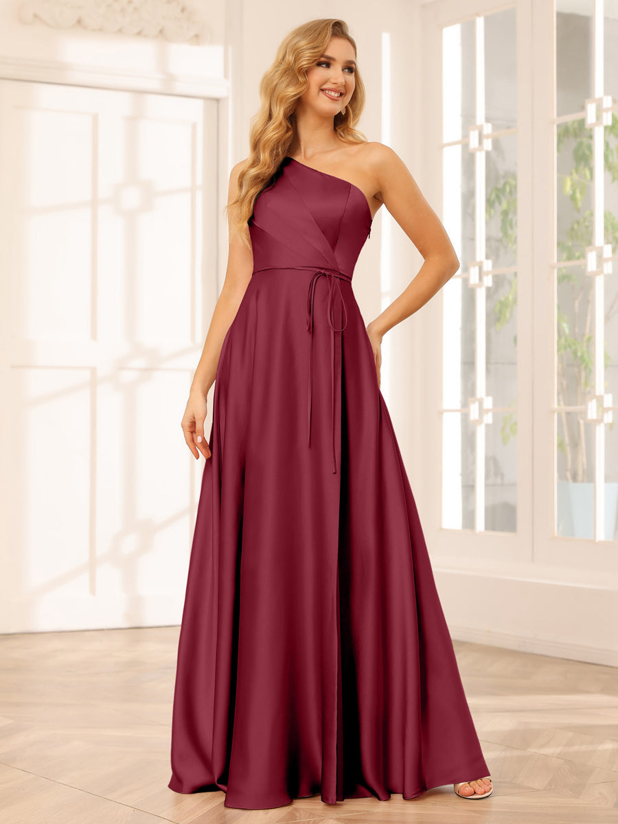 A-Line/Princess One-Shoulder Long Bridesmaid Dresses with Split Side & Sash Light Burgundy