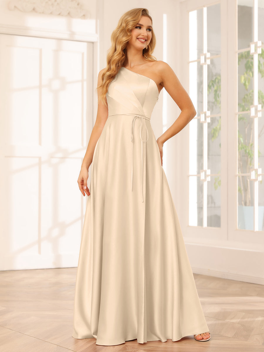 A-Line/Princess One-Shoulder Long Bridesmaid Dresses with Split Side & Sash Light Champagne