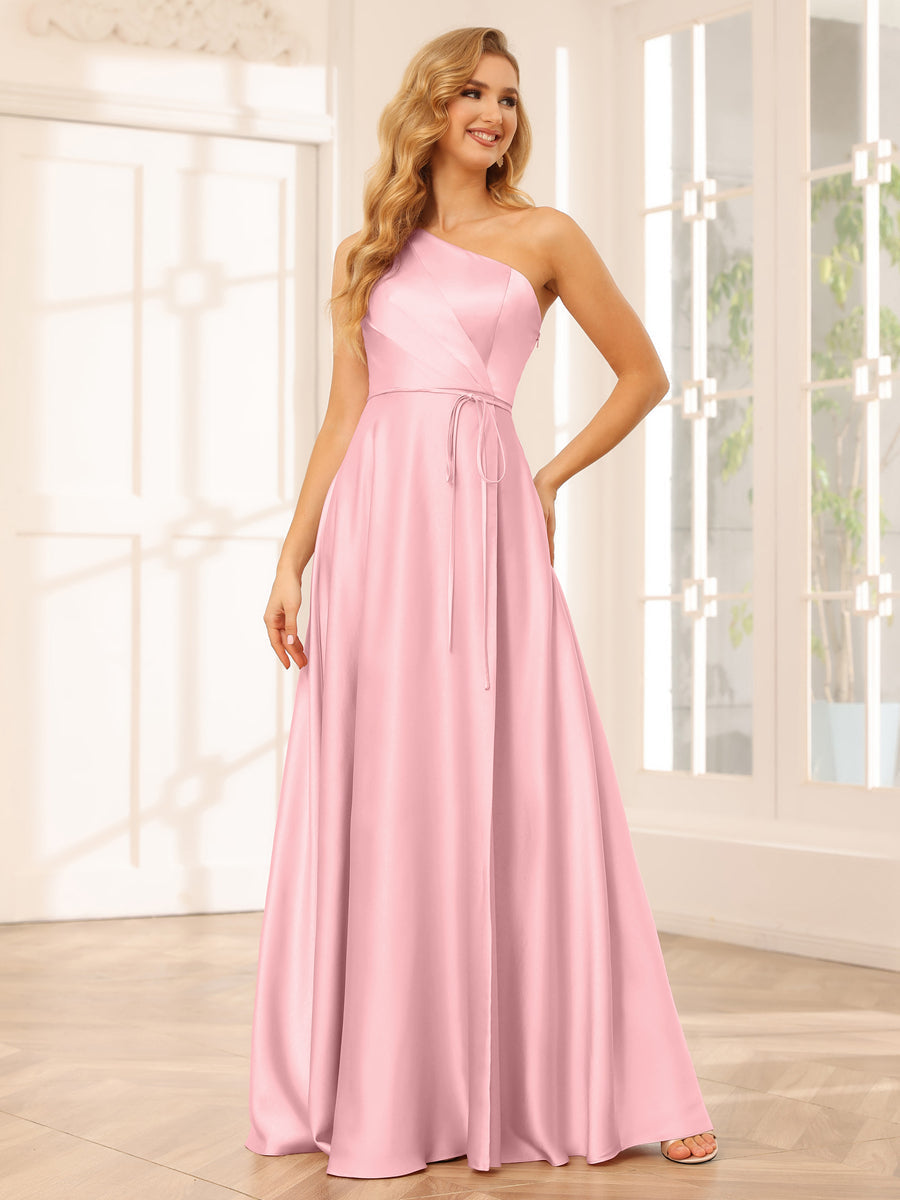 A-Line/Princess One-Shoulder Long Bridesmaid Dresses with Split Side & Sash Light Pink