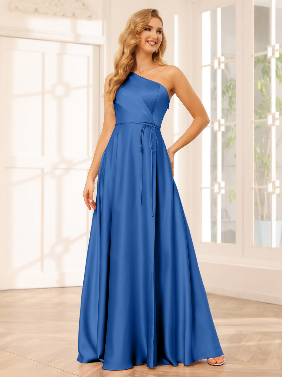 A-Line/Princess One-Shoulder Long Bridesmaid Dresses with Split Side & Sash Light Royal Blue