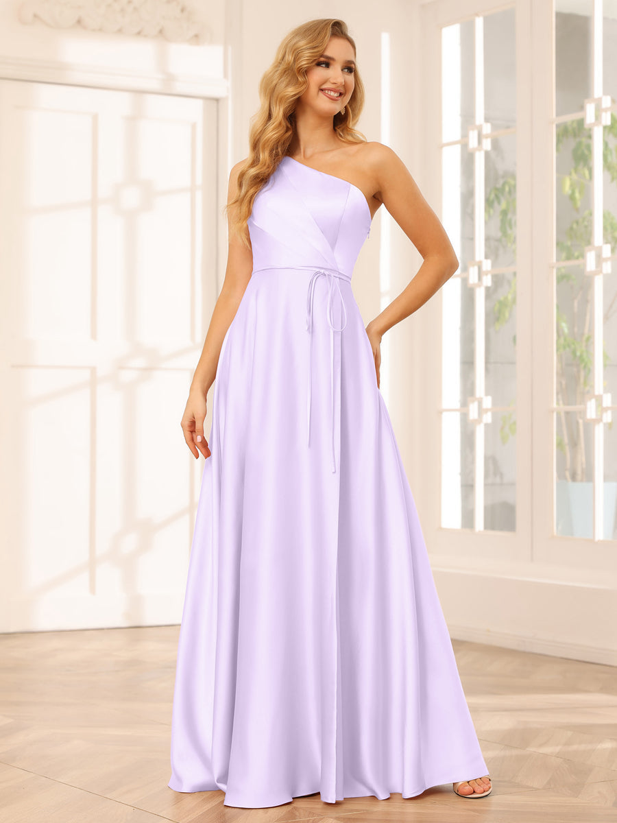 A-Line/Princess One-Shoulder Long Bridesmaid Dresses with Split Side & Sash Lilac