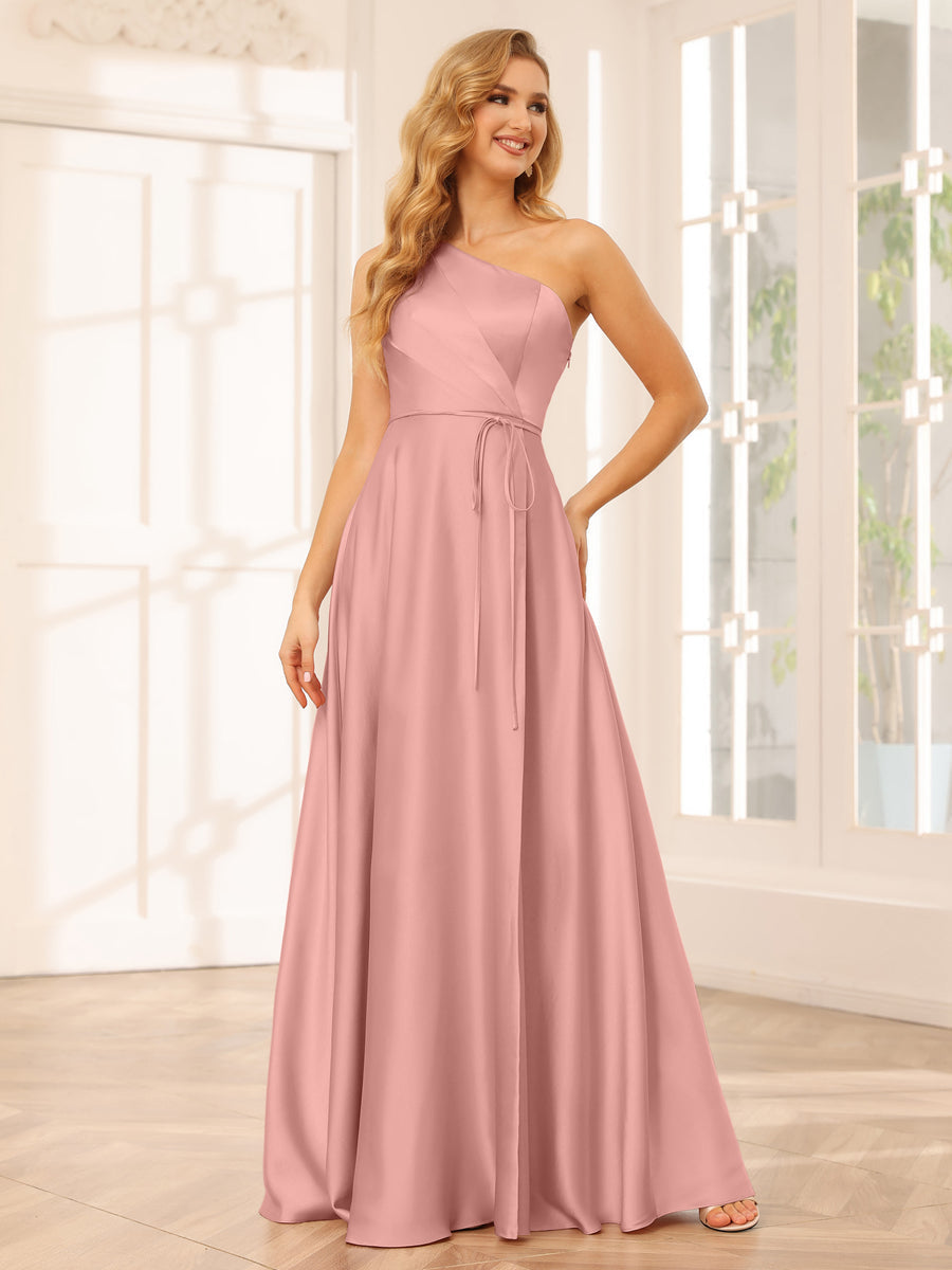 A-Line/Princess One-Shoulder Long Bridesmaid Dresses with Split Side & Sash Mauve