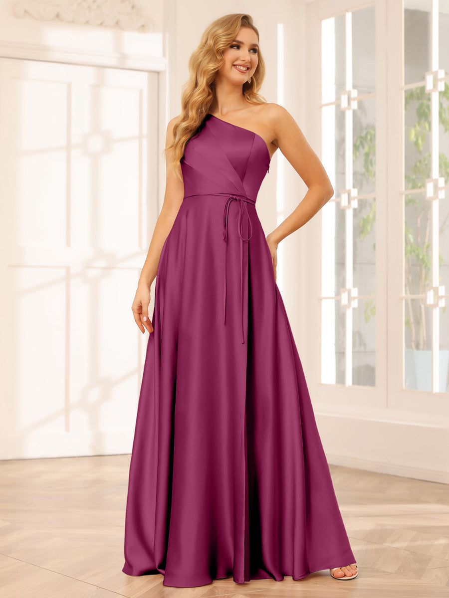 A-Line/Princess One-Shoulder Long Bridesmaid Dresses with Split Side & Sash Mulberry