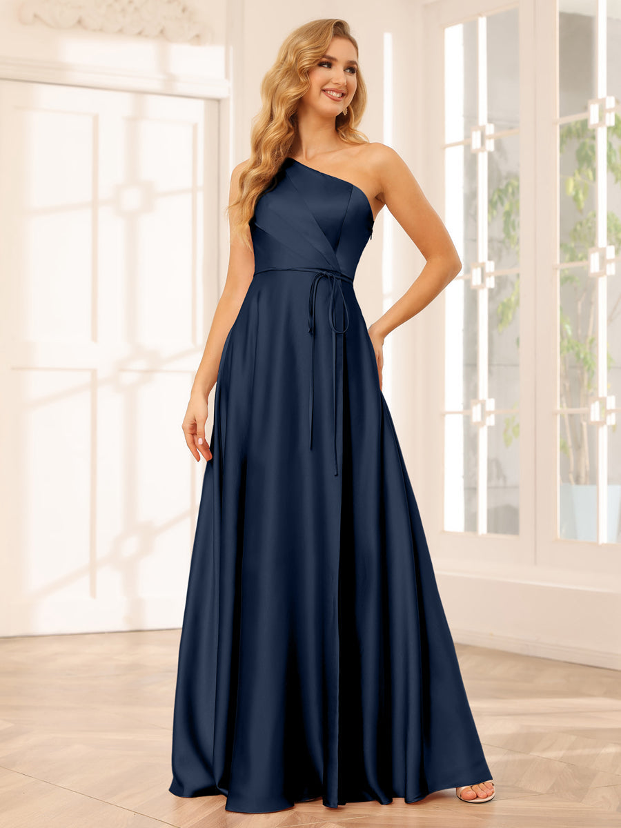 A-Line/Princess One-Shoulder Long Bridesmaid Dresses with Split Side & Sash Navy Blue