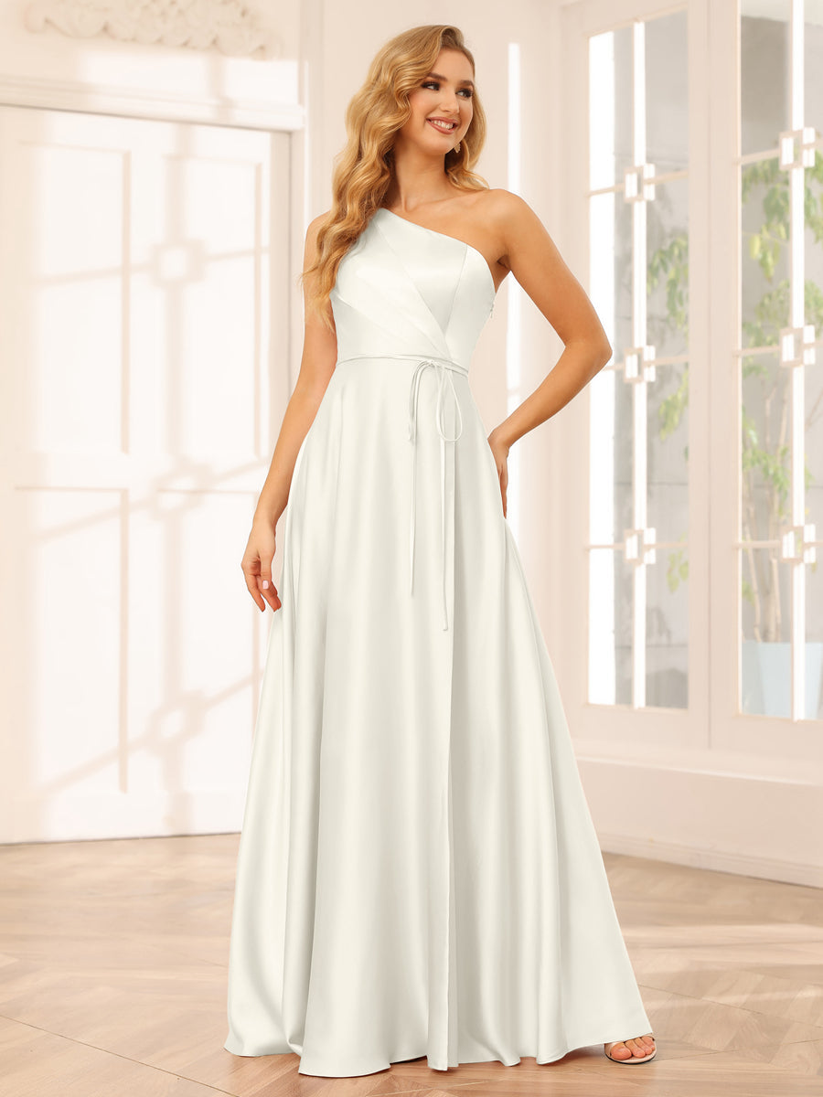 A-Line/Princess One-Shoulder Long Bridesmaid Dresses with Split Side & Sash Off White