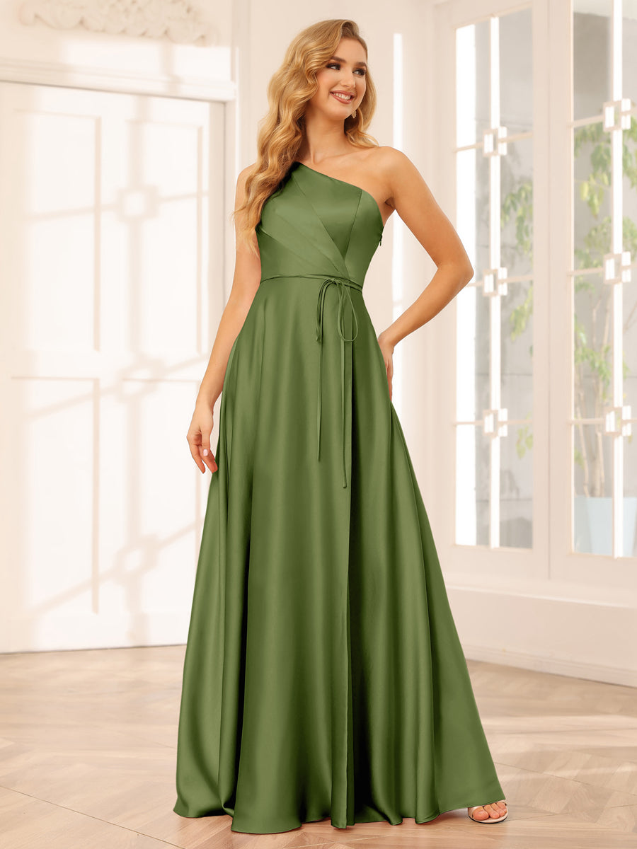A-Line/Princess One-Shoulder Long Bridesmaid Dresses with Split Side & Sash Olive Green