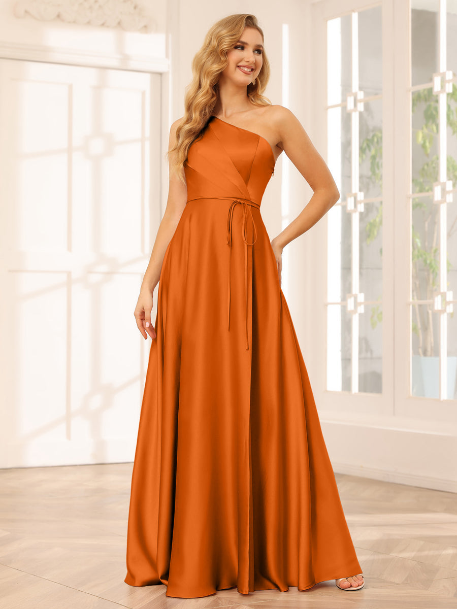 A-Line/Princess One-Shoulder Long Bridesmaid Dresses with Split Side & Sash Orange