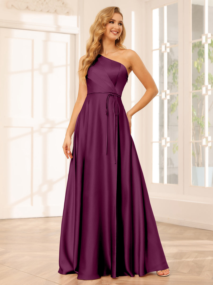 A-Line/Princess One-Shoulder Long Bridesmaid Dresses with Split Side & Sash Orchid