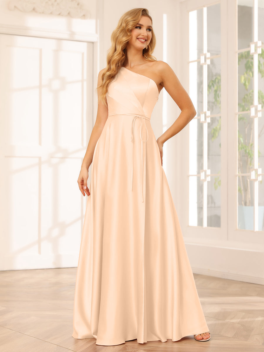 A-Line/Princess One-Shoulder Long Bridesmaid Dresses with Split Side & Sash Peach Pink
