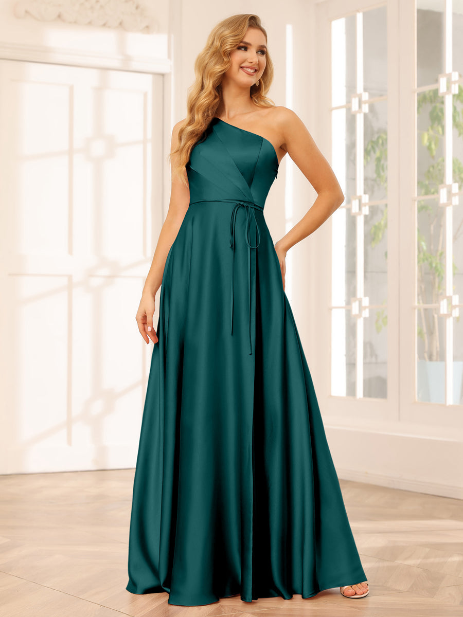 A-Line/Princess One-Shoulder Long Bridesmaid Dresses with Split Side & Sash Peacock