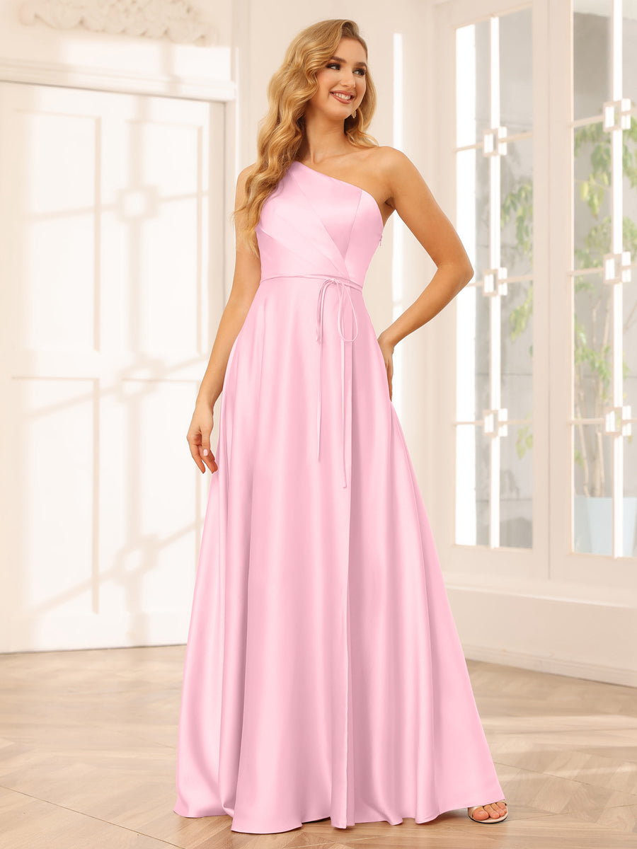 A-Line/Princess One-Shoulder Long Bridesmaid Dresses with Split Side & Sash Pink