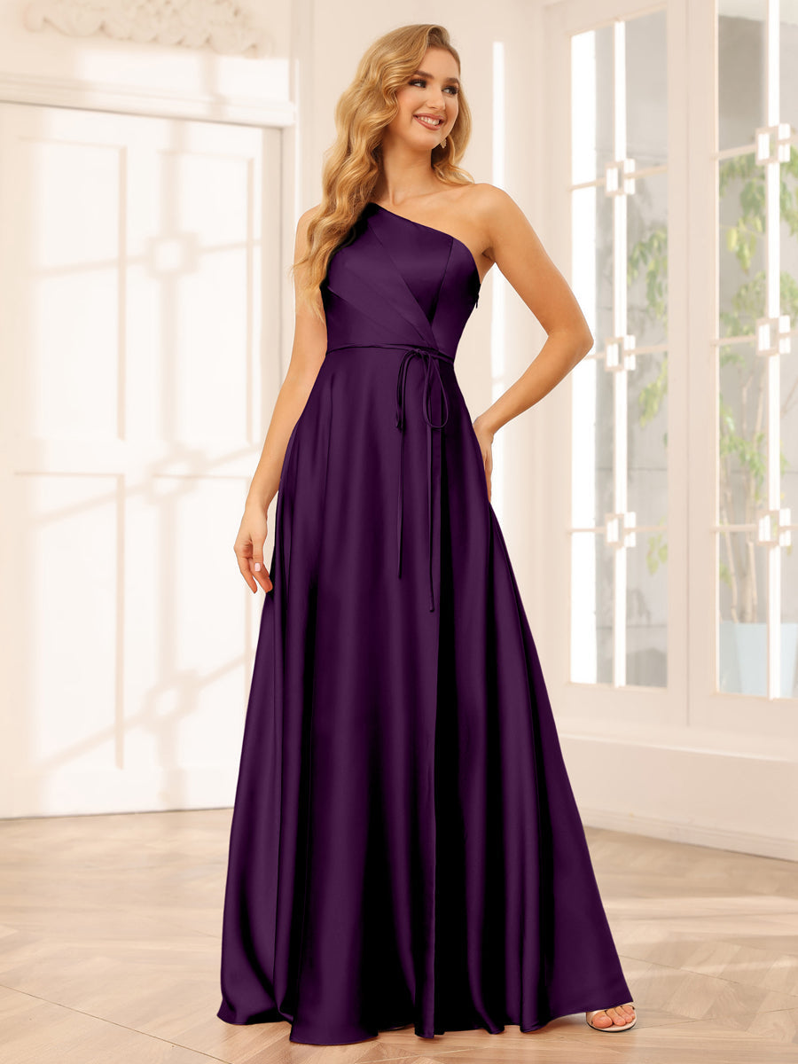 A-Line/Princess One-Shoulder Long Bridesmaid Dresses with Split Side & Sash Plum