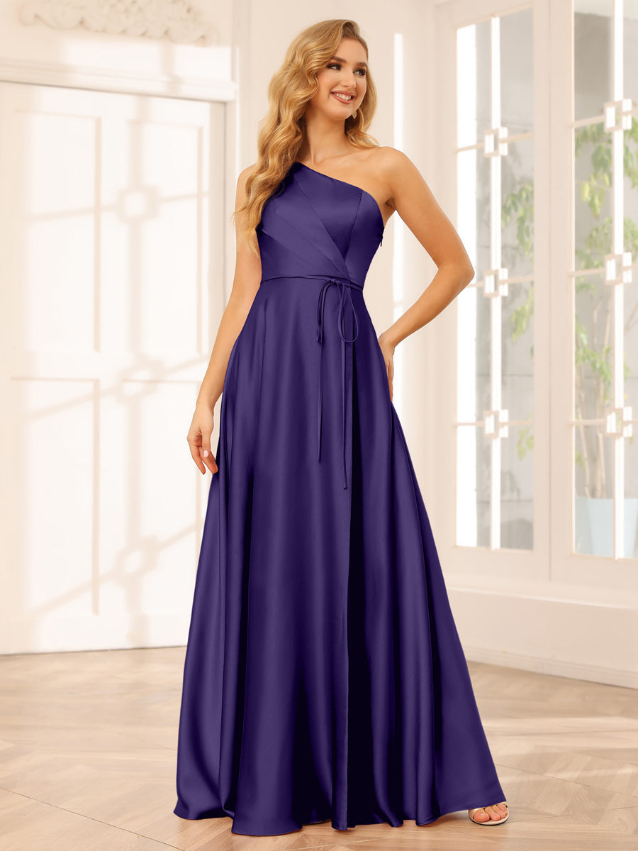 A-Line/Princess One-Shoulder Long Bridesmaid Dresses with Split Side & Sash Purple