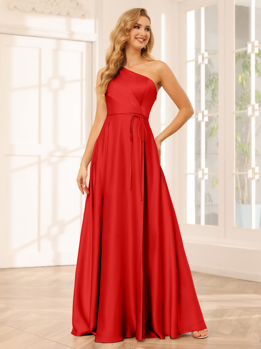 A-Line/Princess One-Shoulder Long Bridesmaid Dresses with Split Side & Sash Red