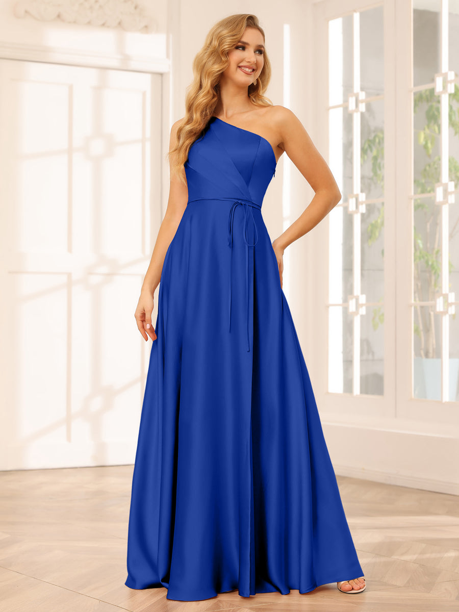 A-Line/Princess One-Shoulder Long Bridesmaid Dresses with Split Side & Sash Royal Blue