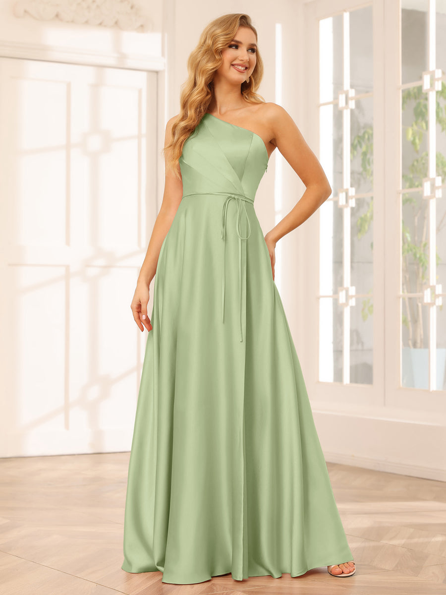A-Line/Princess One-Shoulder Long Bridesmaid Dresses with Split Side & Sash Sage