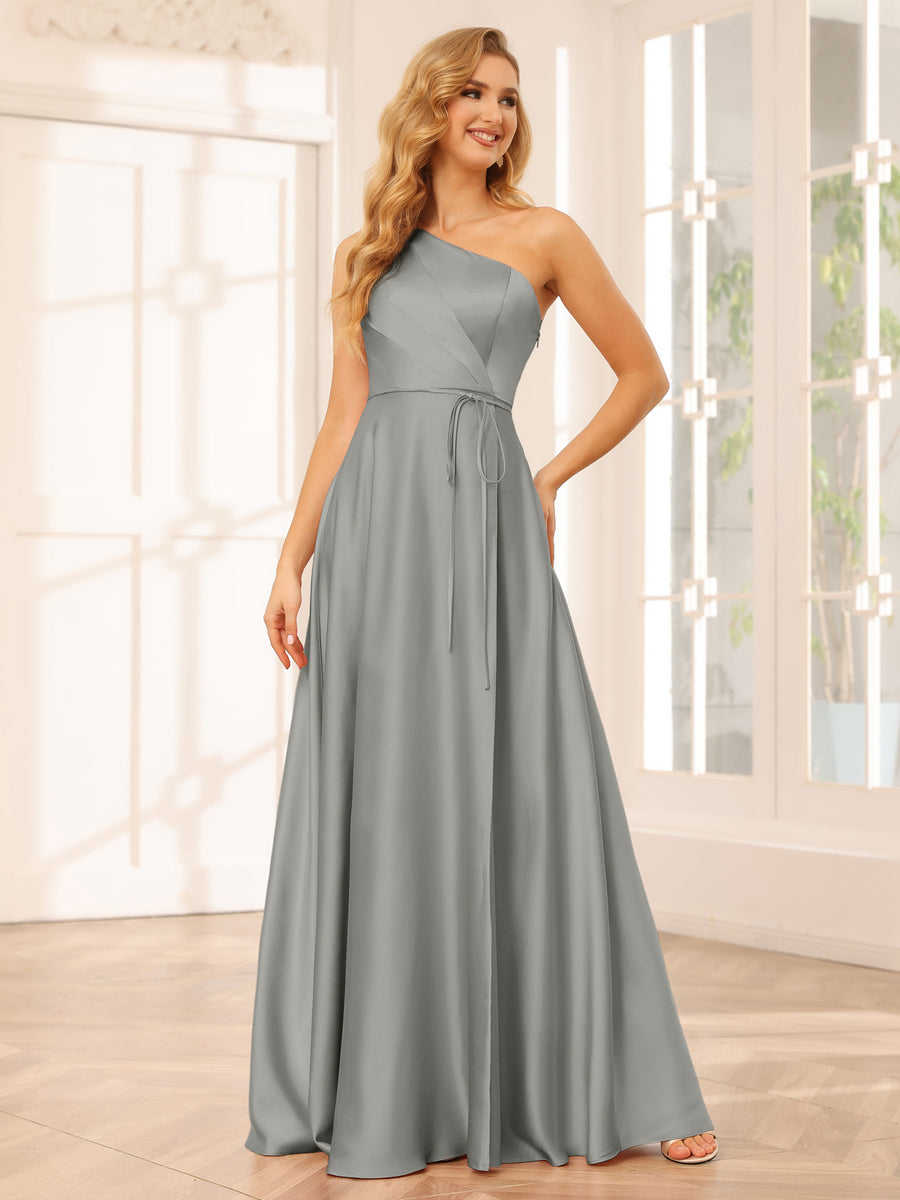 A-Line/Princess One-Shoulder Long Bridesmaid Dresses with Split Side & Sash Silver Gray
