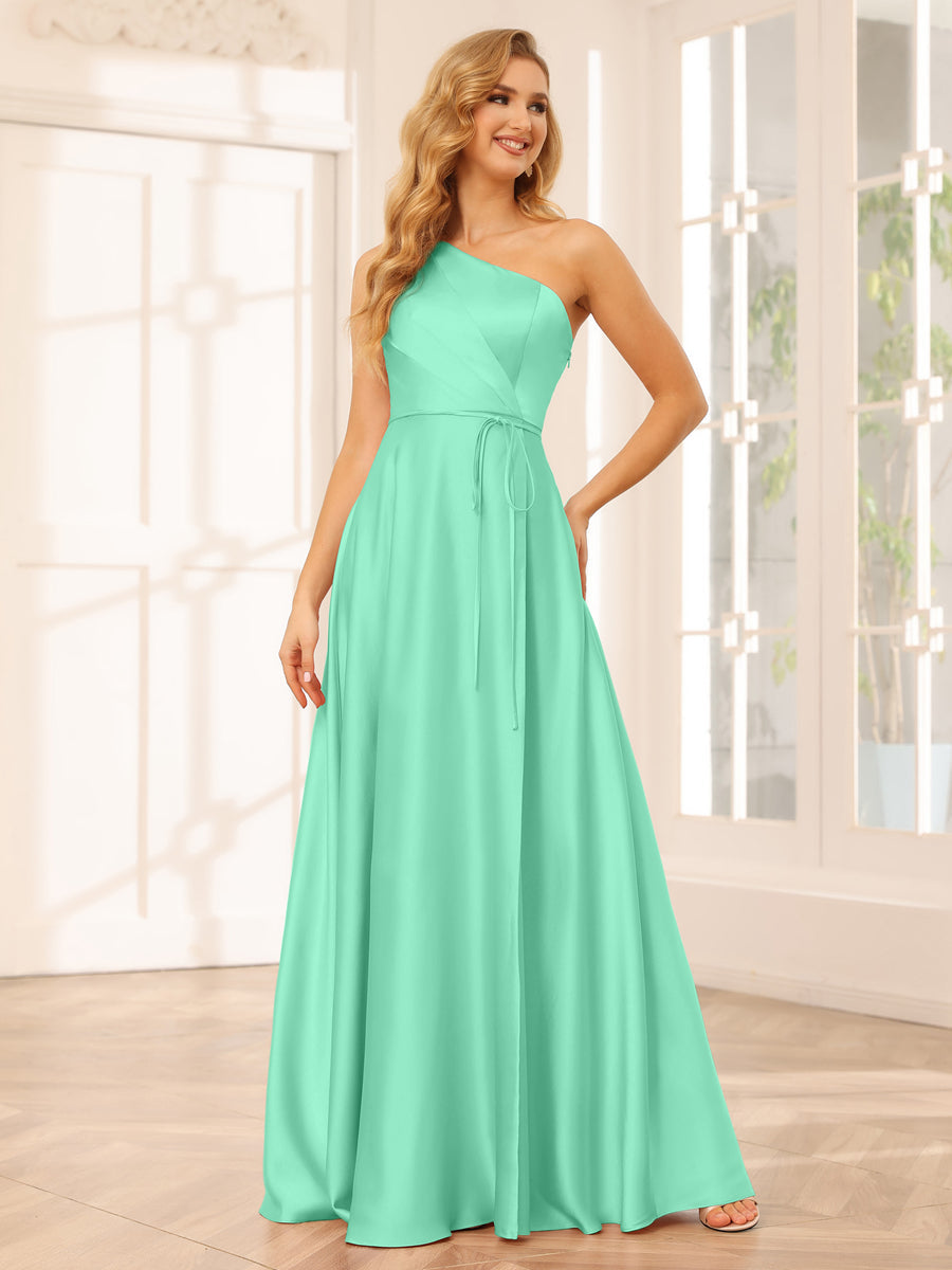 A-Line/Princess One-Shoulder Long Bridesmaid Dresses with Split Side & Sash Spa