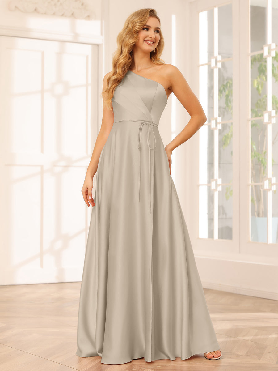 A-Line/Princess One-Shoulder Long Bridesmaid Dresses with Split Side & Sash Taupe