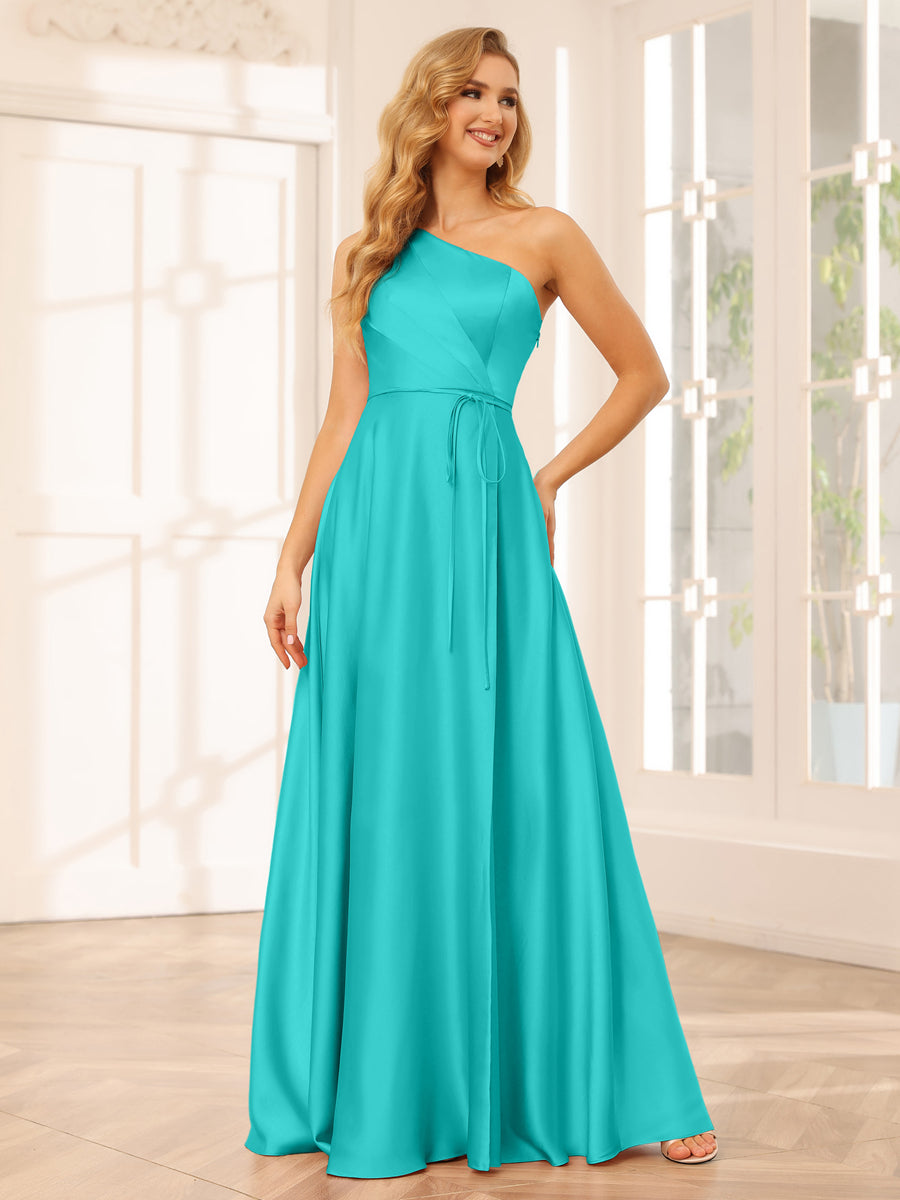 A-Line/Princess One-Shoulder Long Bridesmaid Dresses with Split Side & Sash Turquoise