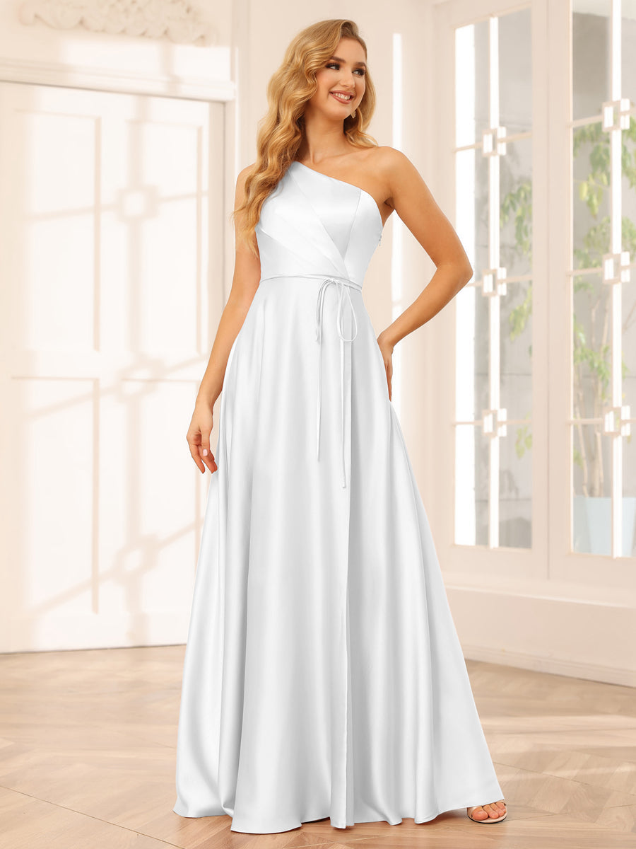 A-Line/Princess One-Shoulder Long Bridesmaid Dresses with Split Side & Sash White