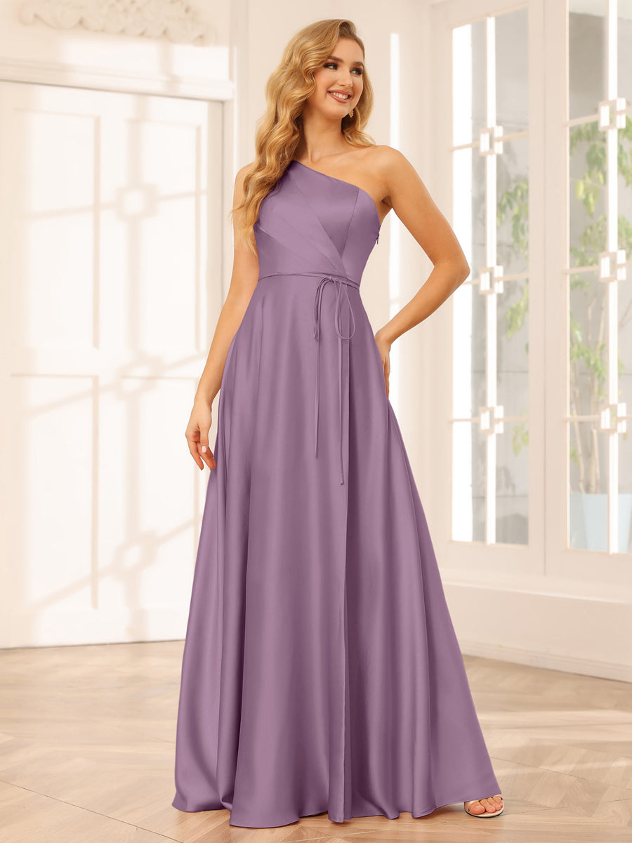 A-Line/Princess One-Shoulder Long Bridesmaid Dresses with Split Side & Sash Wisteria